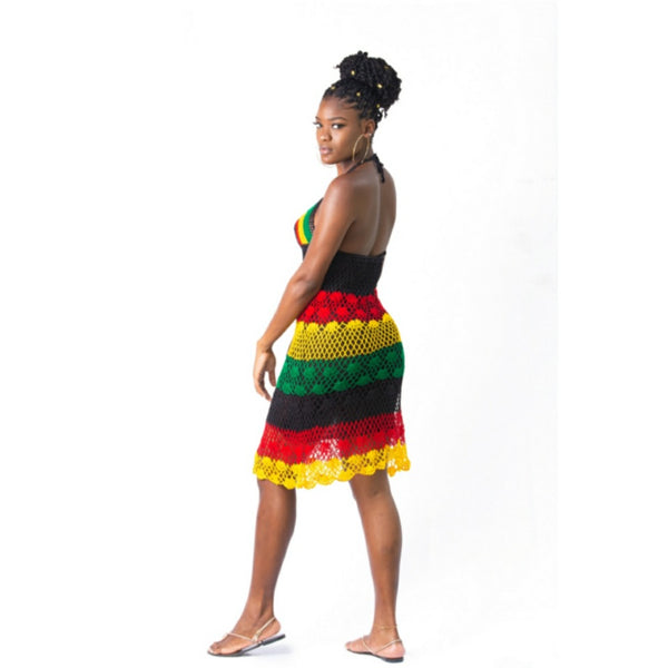 crochet rasta dress Reggae Halter Neck Fringe Coverup Swimwear S&E Retail Expo 100% Rayon One Size Fits Most Made CRYSTAL Women's Striped Stretch Rasta