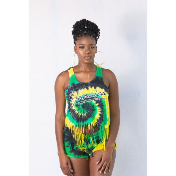Jamaica tyedye fringe tank top. Pairs perfectly with our tyedye shorts (Sold separately)
